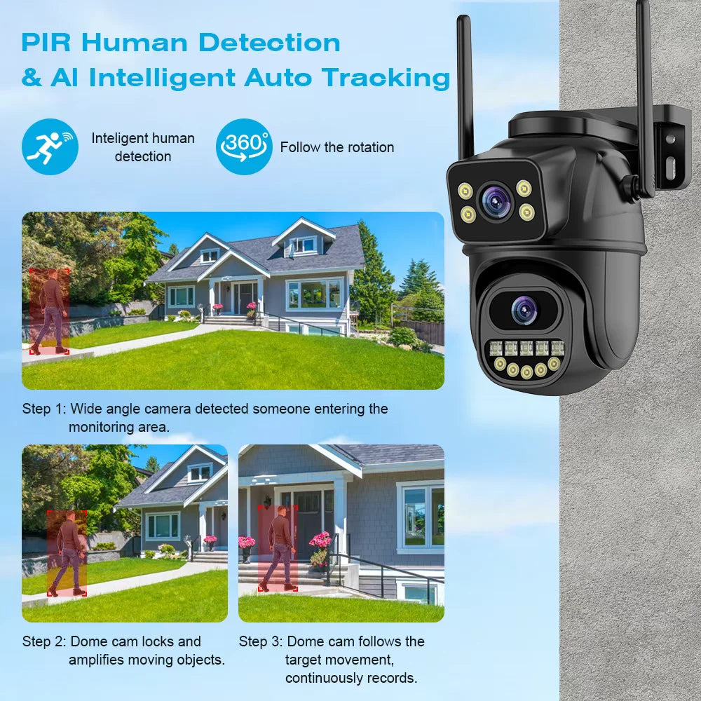 4K 8MP Dual Lens Dual Screen WiFi PTZ Security Camera – AI Auto Tracking, Two-Way Audio, Outdoor IP CCTV Surveillance (P2P ICSEE)
