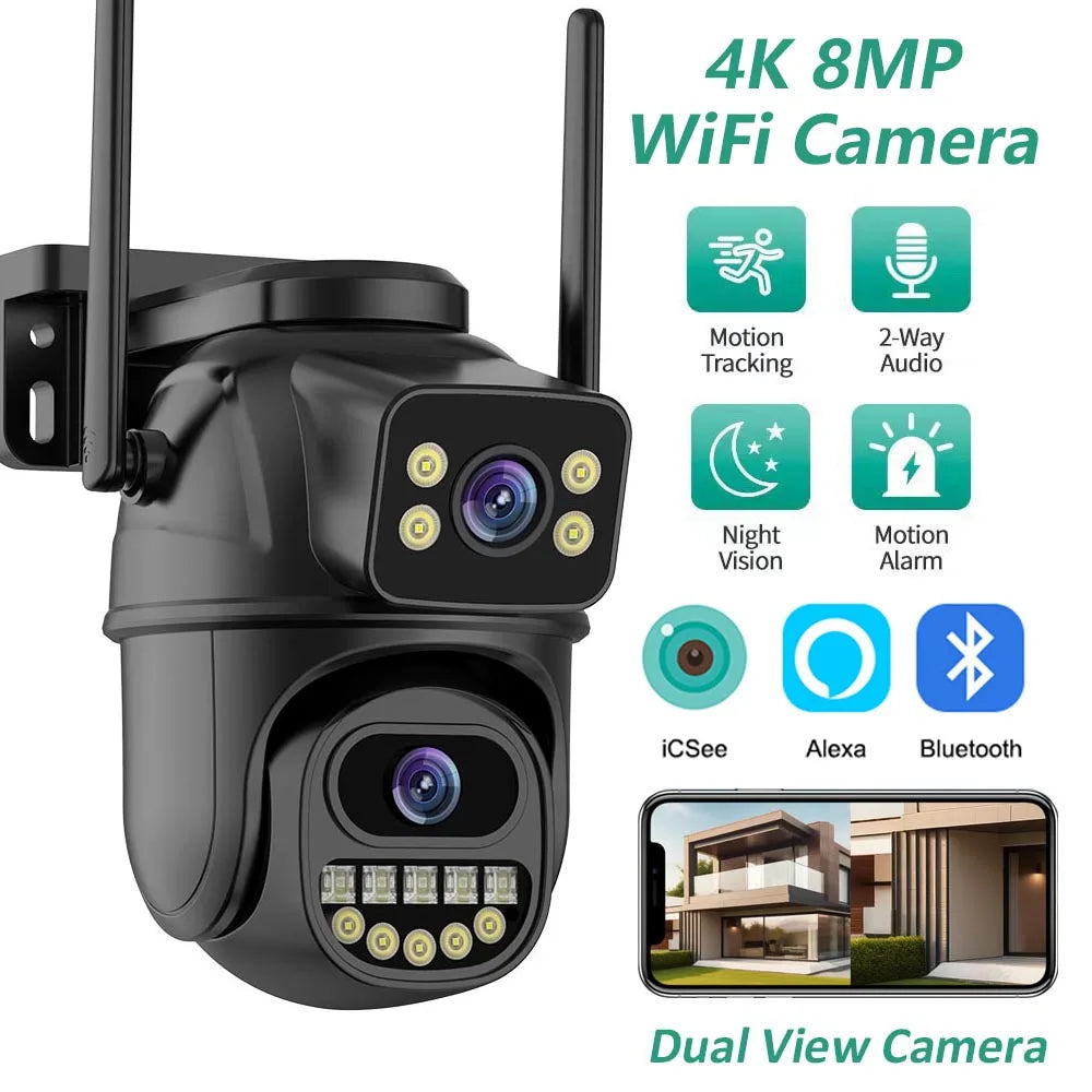 4K 8MP Dual Lens Dual Screen WiFi PTZ Security Camera – AI Auto Tracking, Two-Way Audio, Outdoor IP CCTV Surveillance (P2P ICSEE)