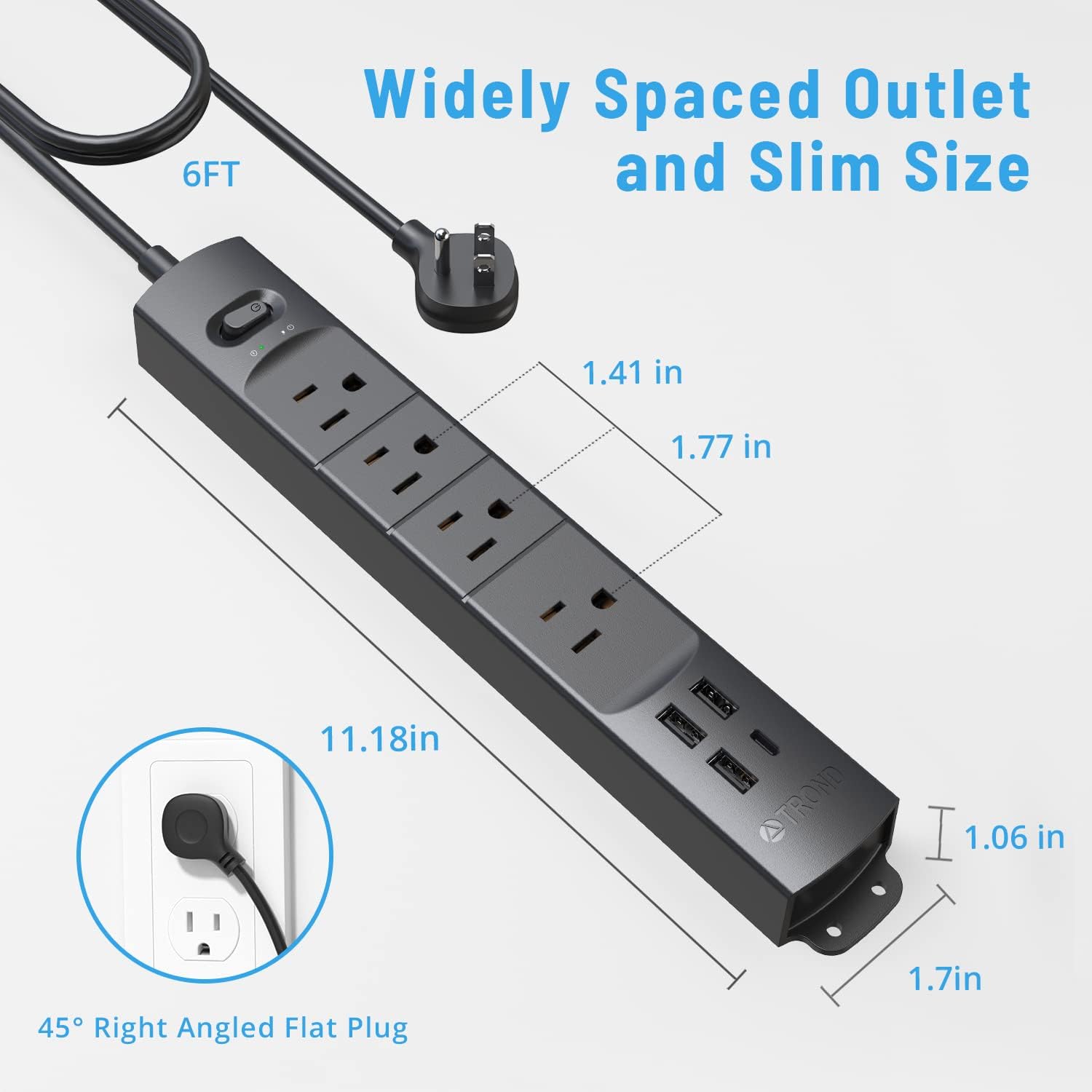 Surge Protector Power Strip with USB – Ultra Thin Flat Plug, 6Ft Extension Cord, 4 AC Outlets, 3 USB Ports & 1 USB-C | 1440J Surge Protection for Home, Office & Dorm