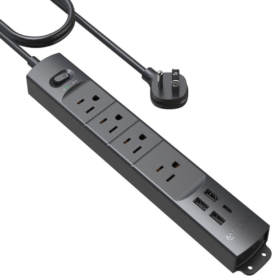 Surge Protector Power Strip with USB – Ultra Thin Flat Plug, 6Ft Extension Cord, 4 AC Outlets, 3 USB Ports & 1 USB-C | 1440J Surge Protection for Home, Office & Dorm
