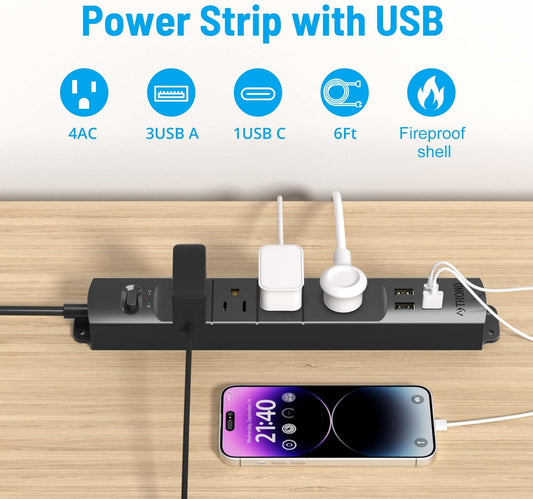Surge Protector Power Strip with USB – Ultra Thin Flat Plug, 6Ft Extension Cord, 4 AC Outlets, 3 USB Ports & 1 USB-C | 1440J Surge Protection for Home, Office & Dorm