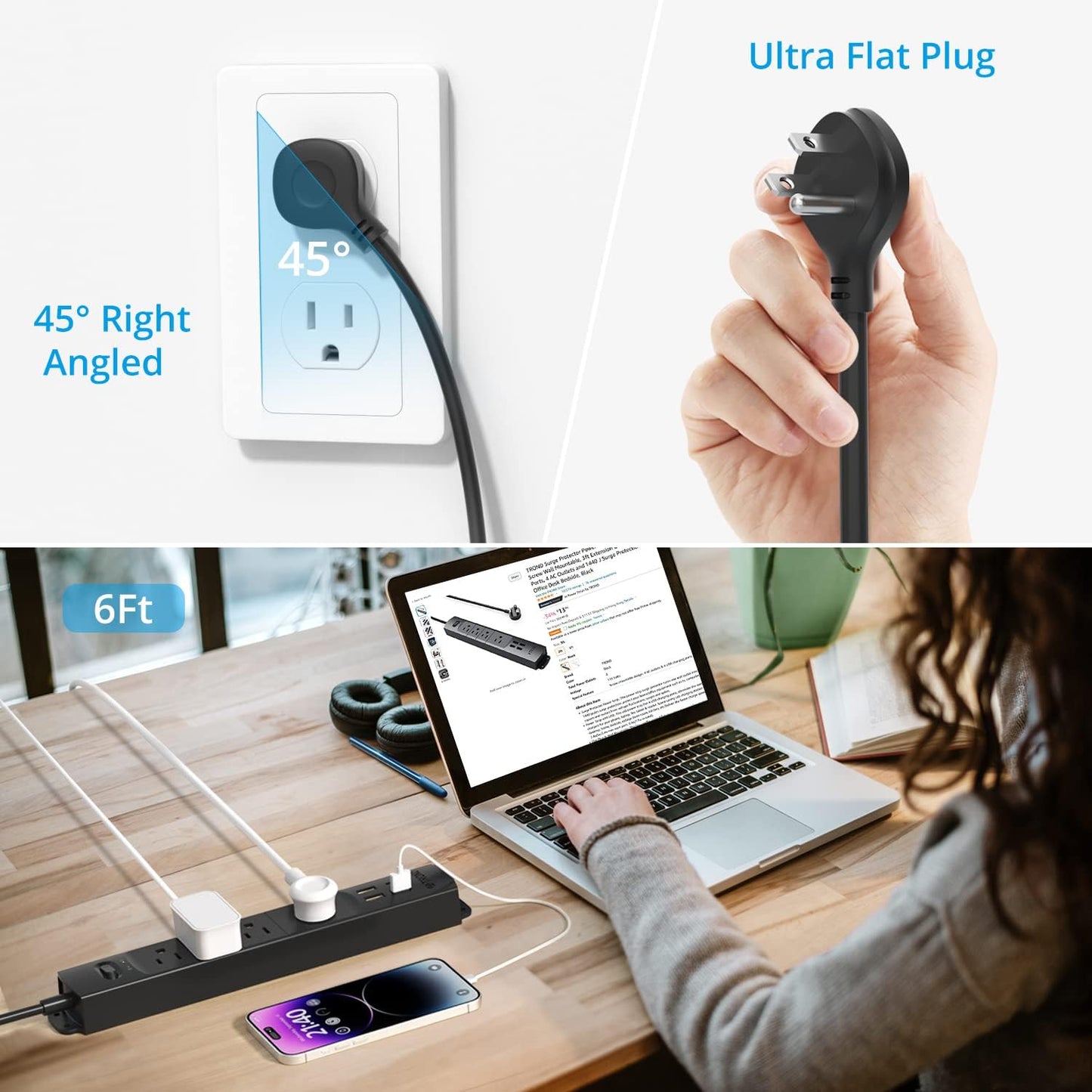 Surge Protector Power Strip with USB – Ultra Thin Flat Plug, 6Ft Extension Cord, 4 AC Outlets, 3 USB Ports & 1 USB-C | 1440J Surge Protection for Home, Office & Dorm