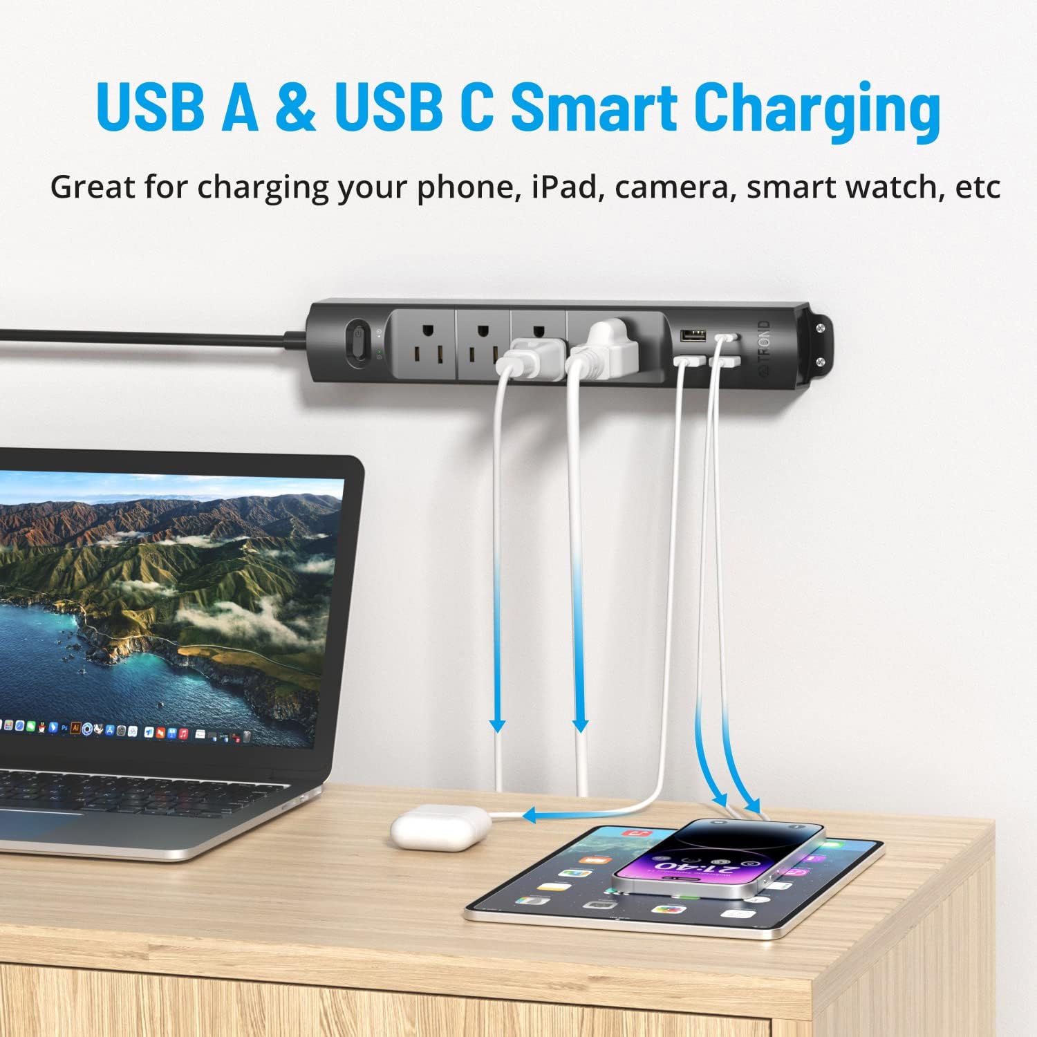 Surge Protector Power Strip with USB – Ultra Thin Flat Plug, 6Ft Extension Cord, 4 AC Outlets, 3 USB Ports & 1 USB-C | 1440J Surge Protection for Home, Office & Dorm