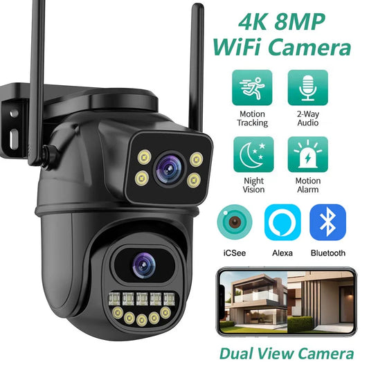 4K 8MP Dual Lens Dual Screen WiFi PTZ Security Camera – AI Auto Tracking, Two-Way Audio, Outdoor IP CCTV Surveillance (P2P ICSEE)